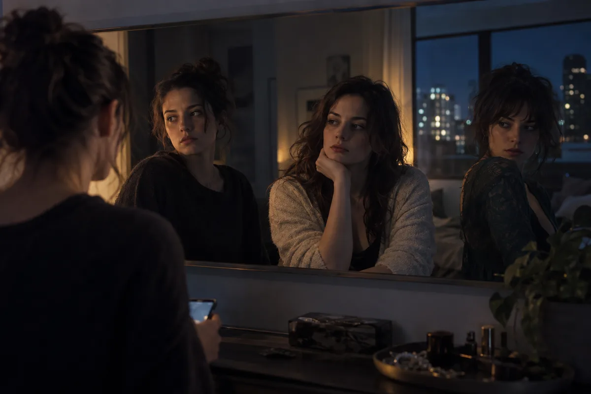 A woman facing three subtly different reflections, illustrating AI companion persona drift