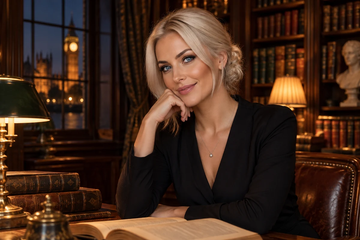 Elena in a warm London library with a composed and thoughtful expression