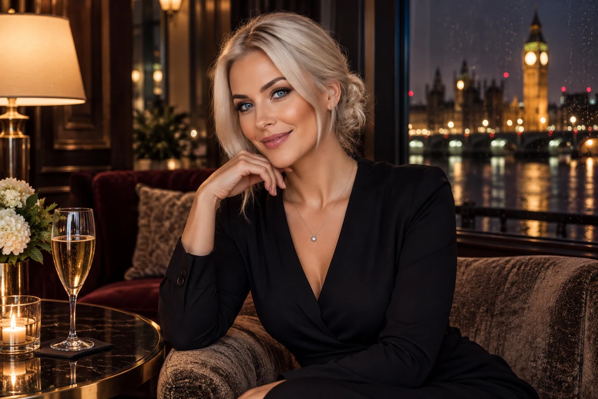 Elena in an elegant London lounge for a guide to Janitor AI alternatives