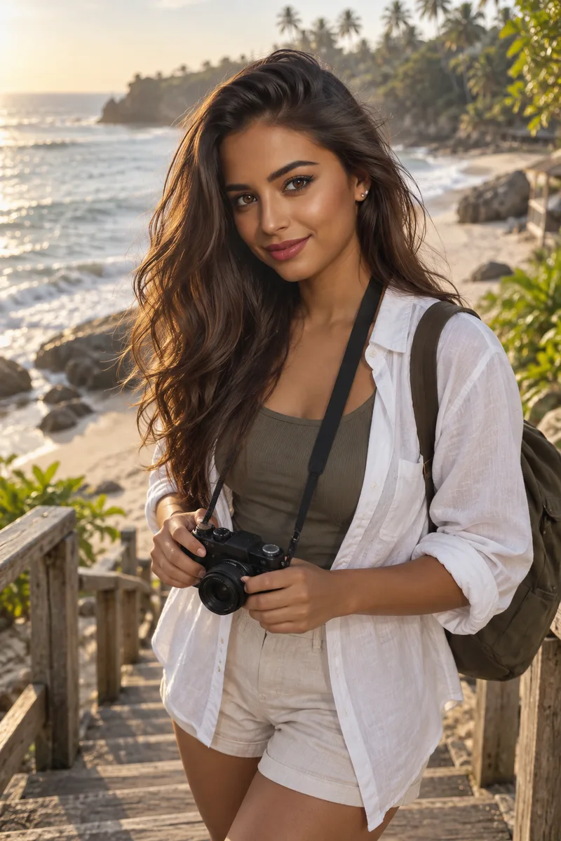 Jade wearing a white shirt over an olive top and holding a camera beside the sea