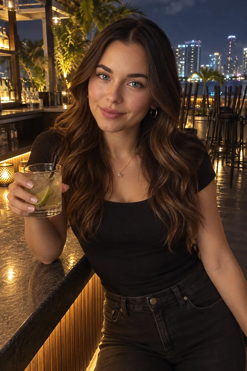 Mia in a black top at a rooftop bar, holding a drink