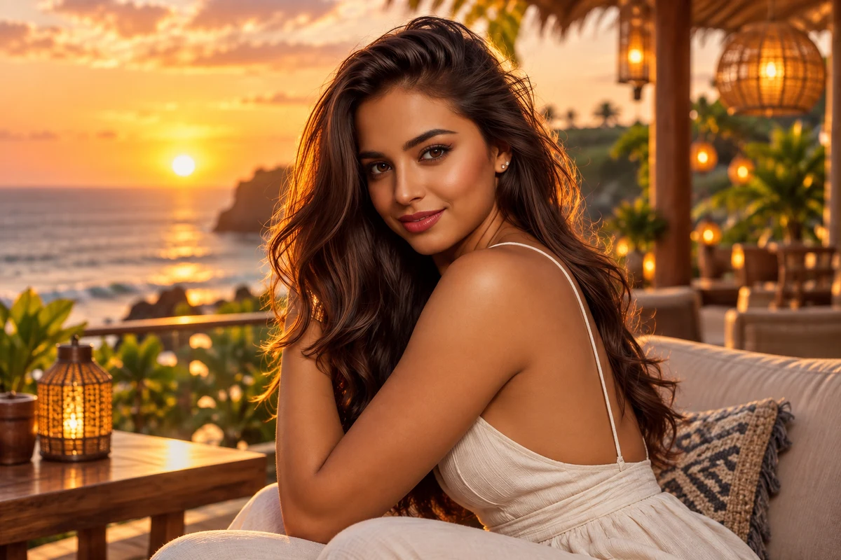 Jade on a Bali beach-club terrace at sunset for Talkie AI alternatives