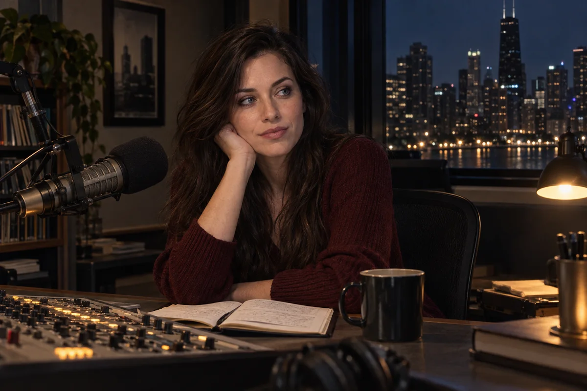 Mara, a late-night radio producer, seated beside a studio microphone with Chicago lights behind her