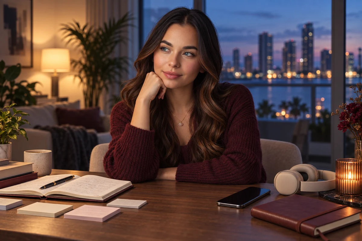 Mia at an evening table between character notes and a phone with headphones