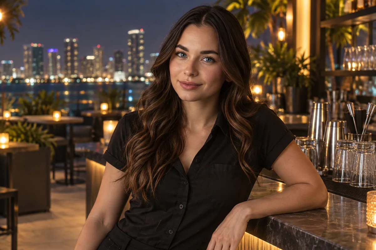 Mia, a blue-eyed dark-haired Tendera companion behind a rooftop bar in Miami at night
