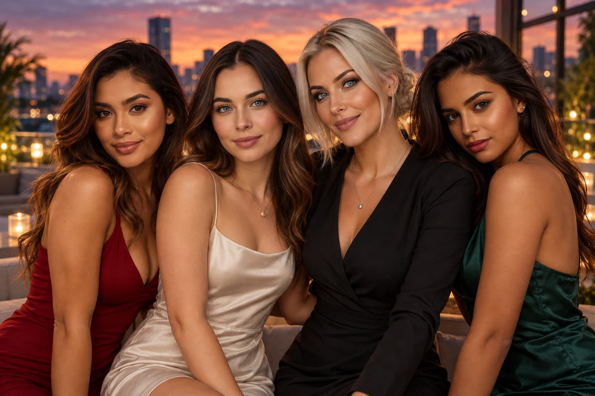 Sophia, Mia, Elena, and Jade together in a polished rooftop portrait
